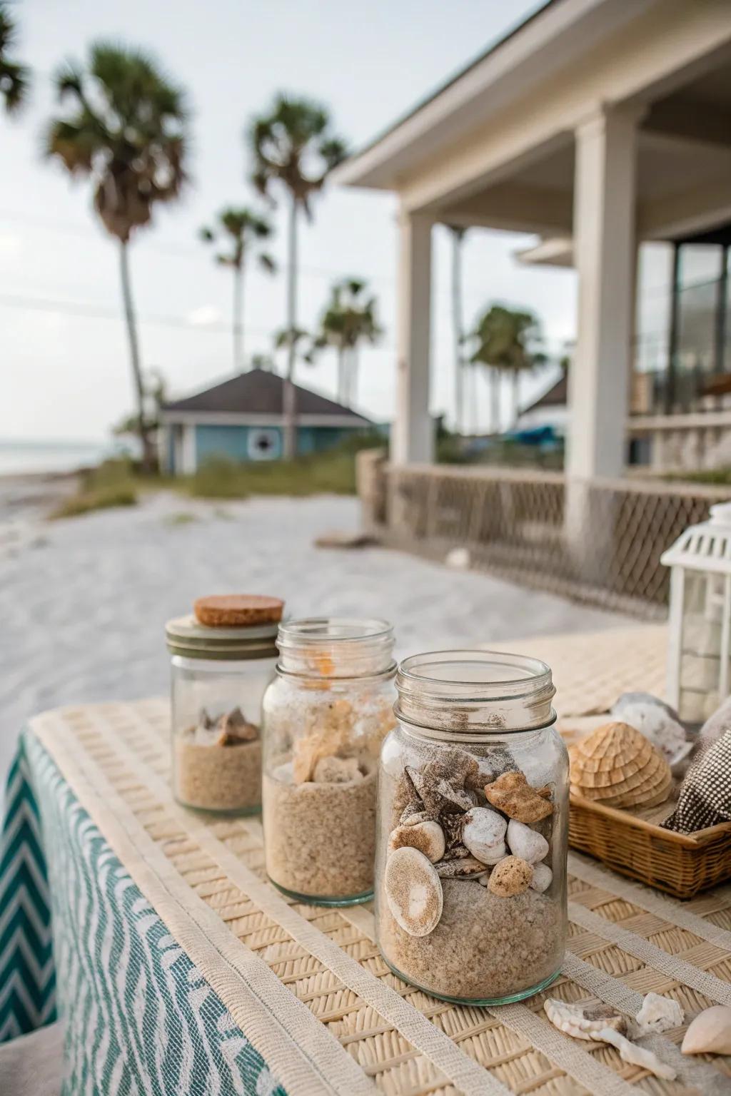Seashore-inspired preserving-style jar centerpieces with sand and seashells.