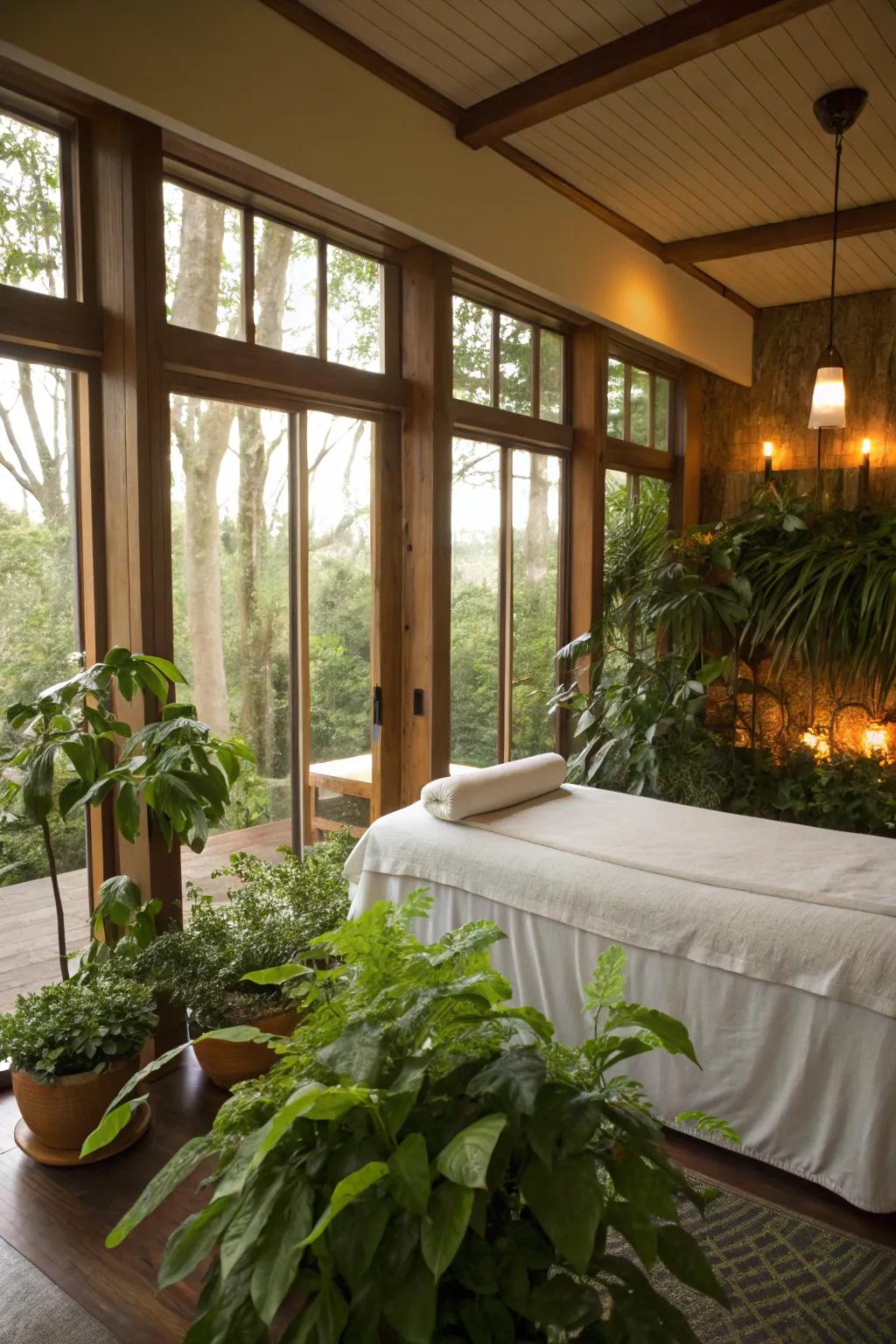 A massage room featuring vibrant greenery and natural light.