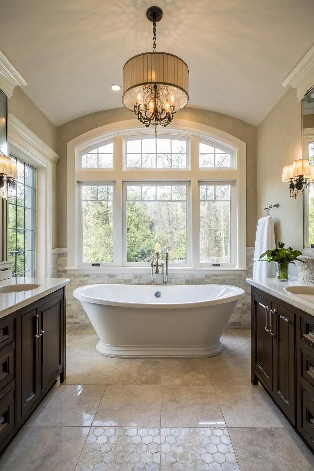 A detached tub serves as a stunning point of convergence within this elegant bathing area.