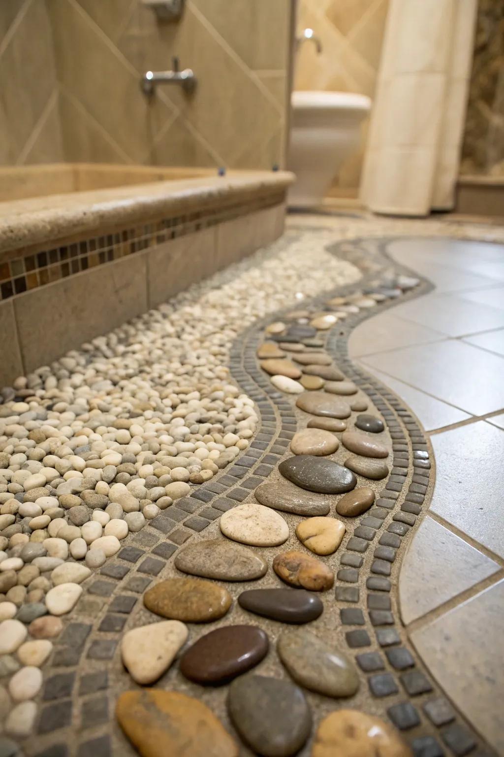 A shower floor created with rock tiling to spark a natural, tranquil atmosphere.