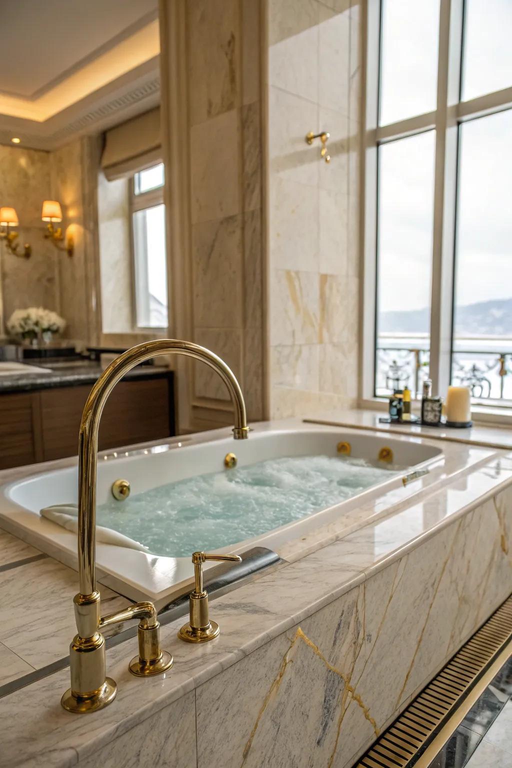 The whirlpool tub area is enhanced by sophisticated fixtures.