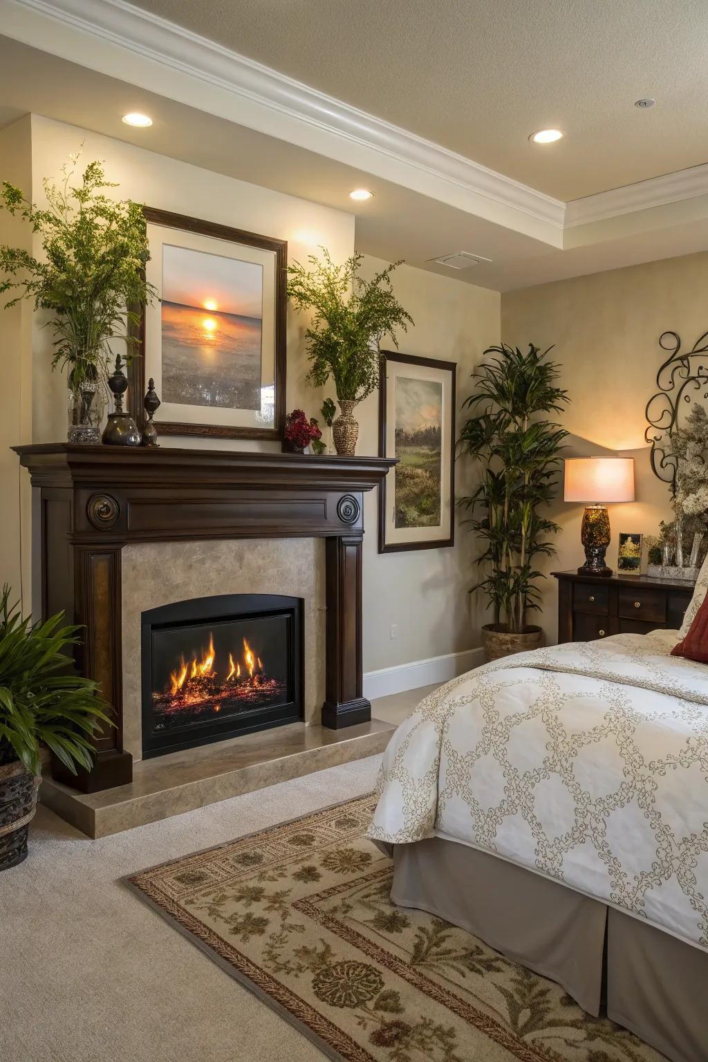 An electric fireplace that blends naturally with artwork and greenery enriches the room's decorations.