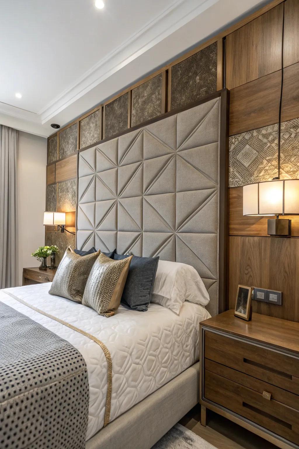 Incorporate dimension and interest through a mixed-material headboard arrangement.