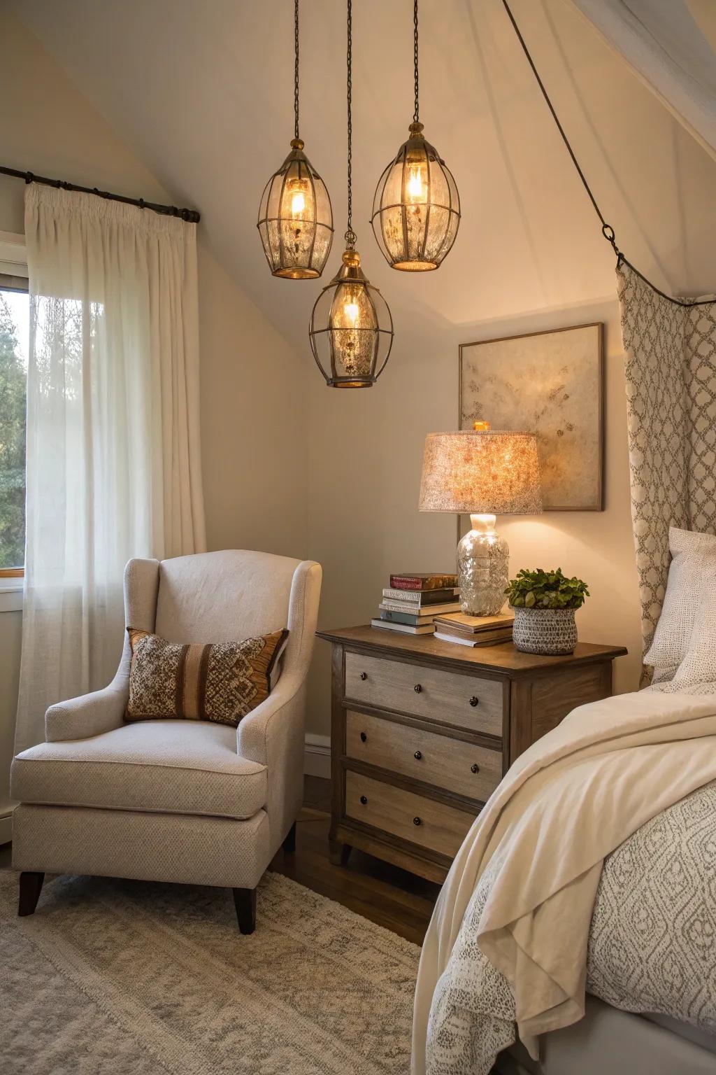 Pendant lights introduce style and maximize nightstand space.