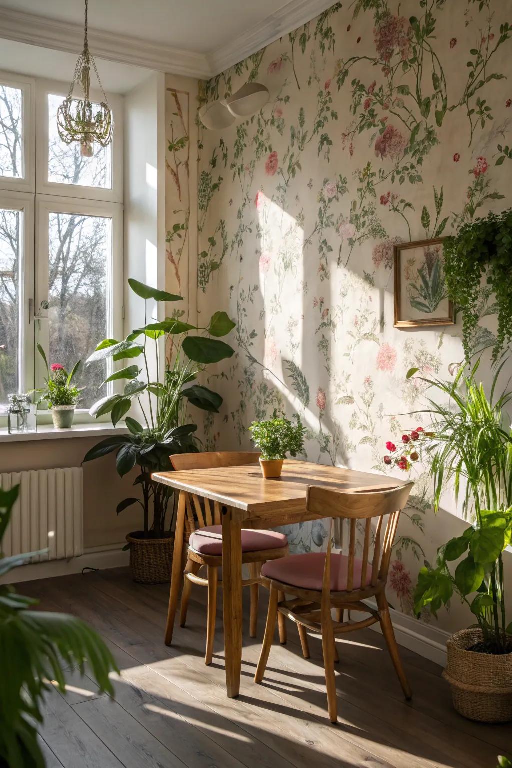 Botanical wallpaper enlivens a charming dining area.