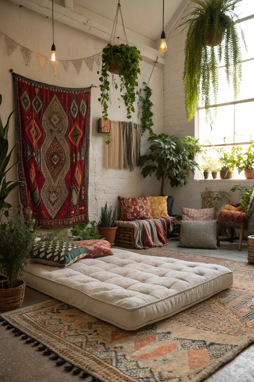 Capture boho vibes with verdure and striking materials.