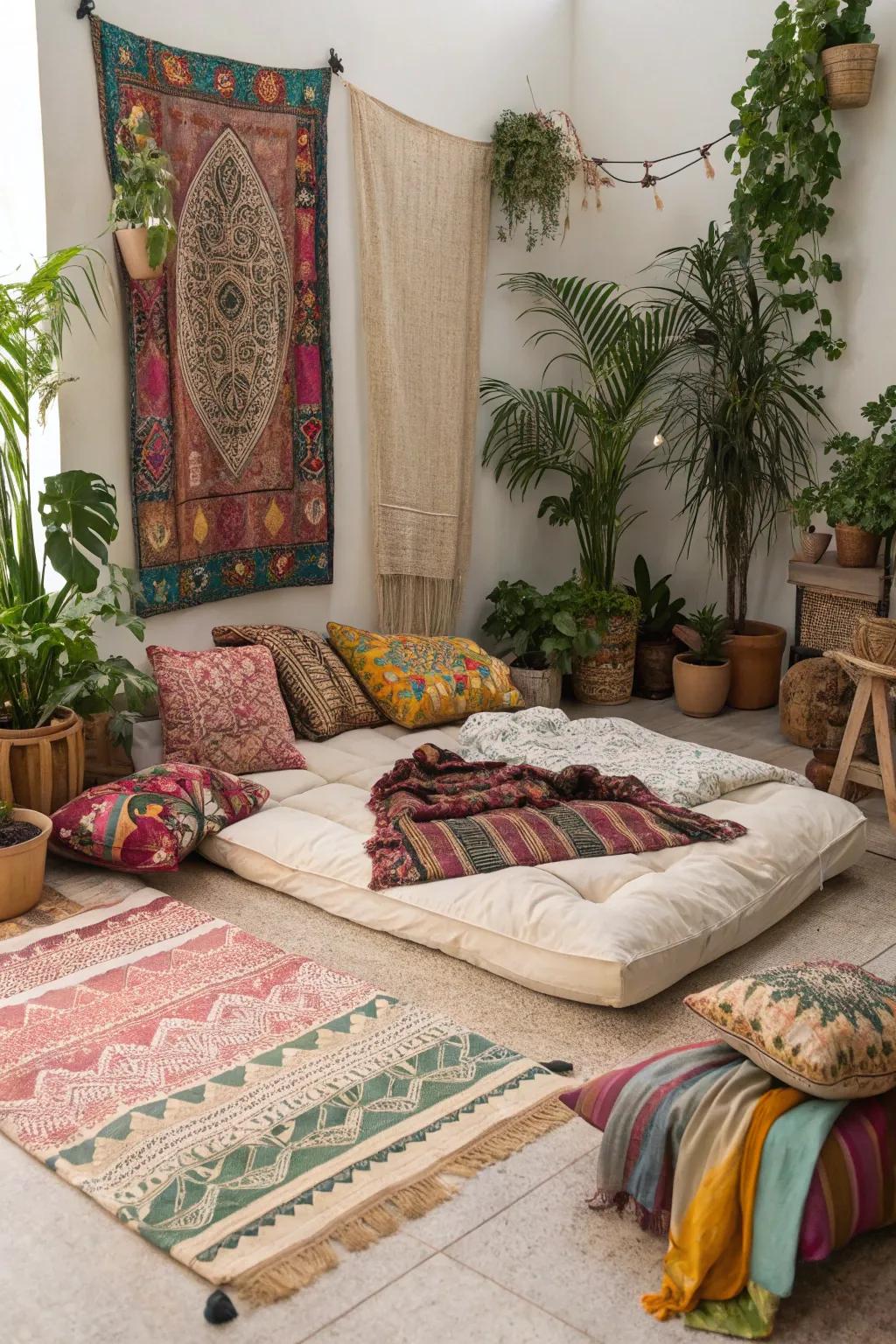 A bohemian-style room with a mattress resting on the floor.