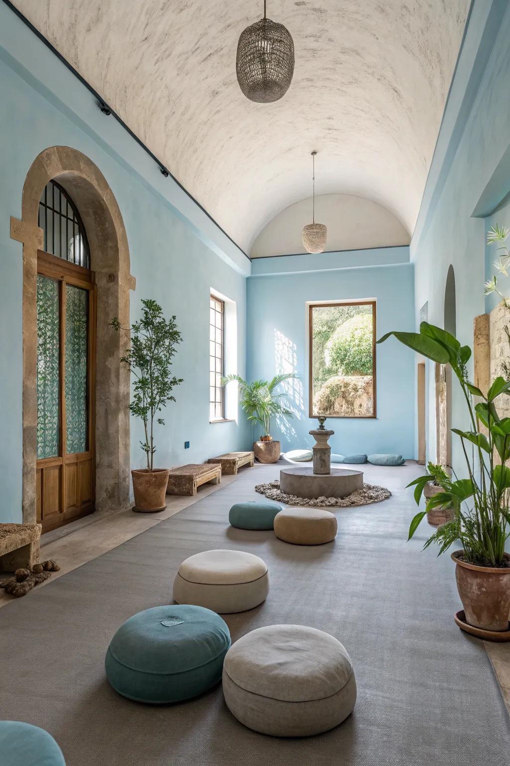 A meditation space with soothing blue and earth-toned walls.