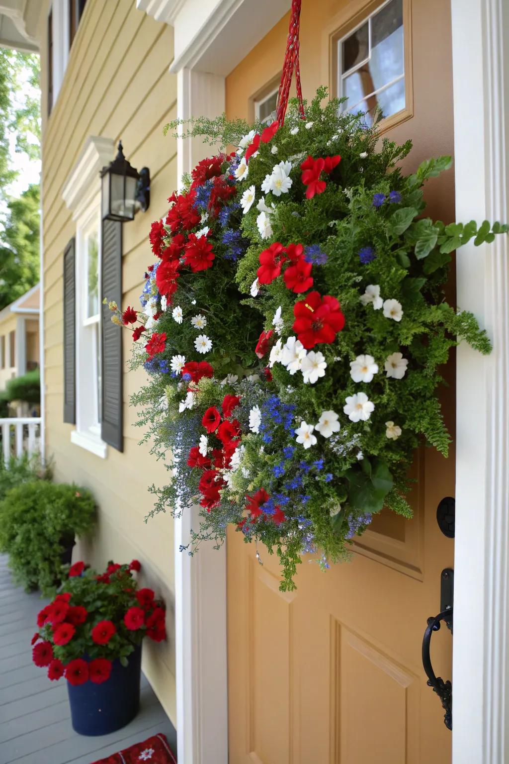 A vibrant floral wreath filled with patriotic colors.