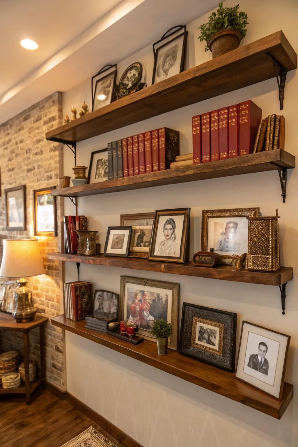 Ornamental shelving filled with treasured keepsakes designing a dynamic remembrance display.