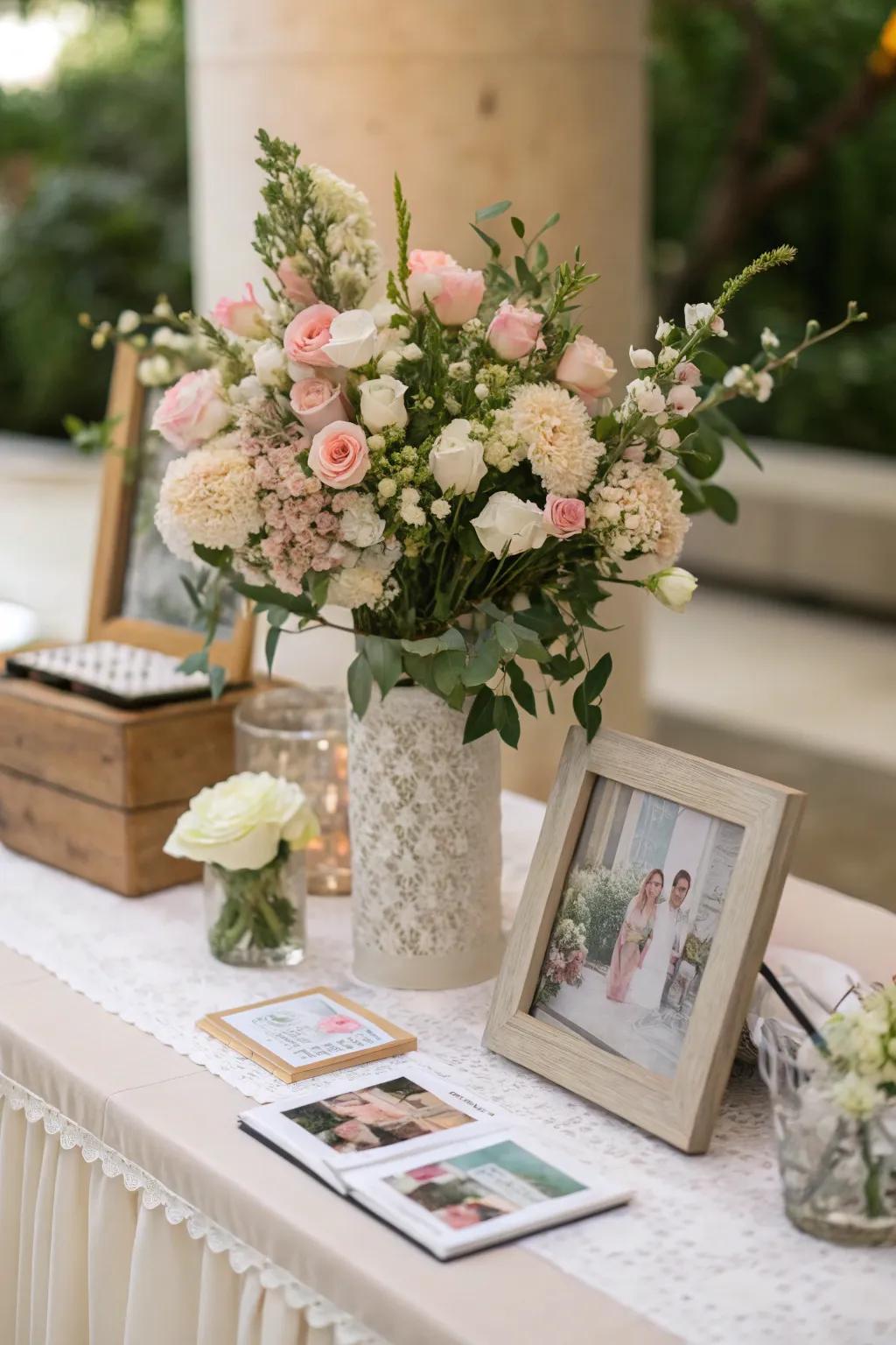 Refined flower arrangements add a touch of beauty to any wedding memory table.