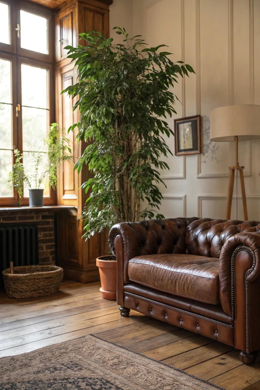 Houseplants include a revitalizing touch to a masculine interior design.