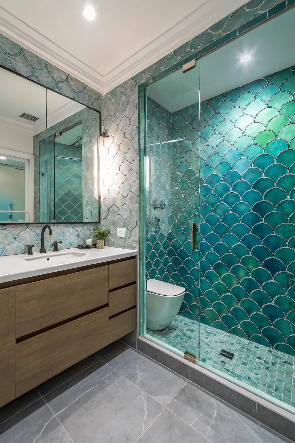 Mermaid scale tiles fashion a captivating and lively wall feature.