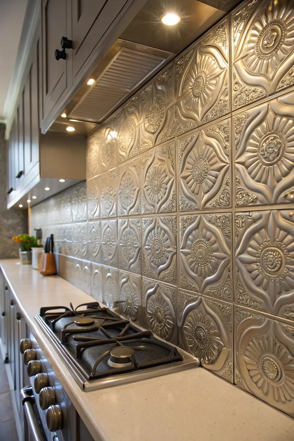 A kitchen wall decorated with artistic carved metallic tiles.