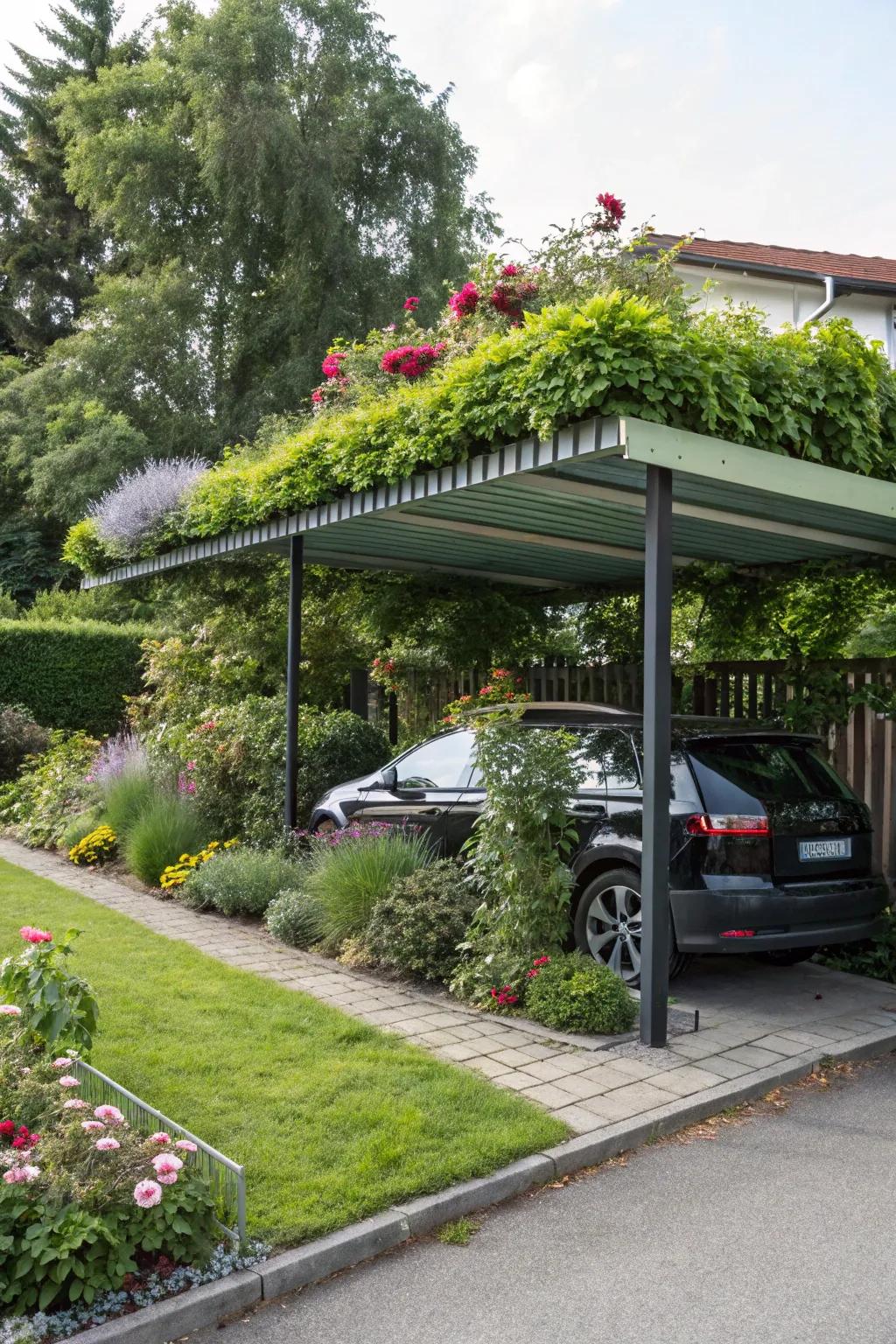 A living roof transforms a carport into a vibrant and eco-conscious focal point.