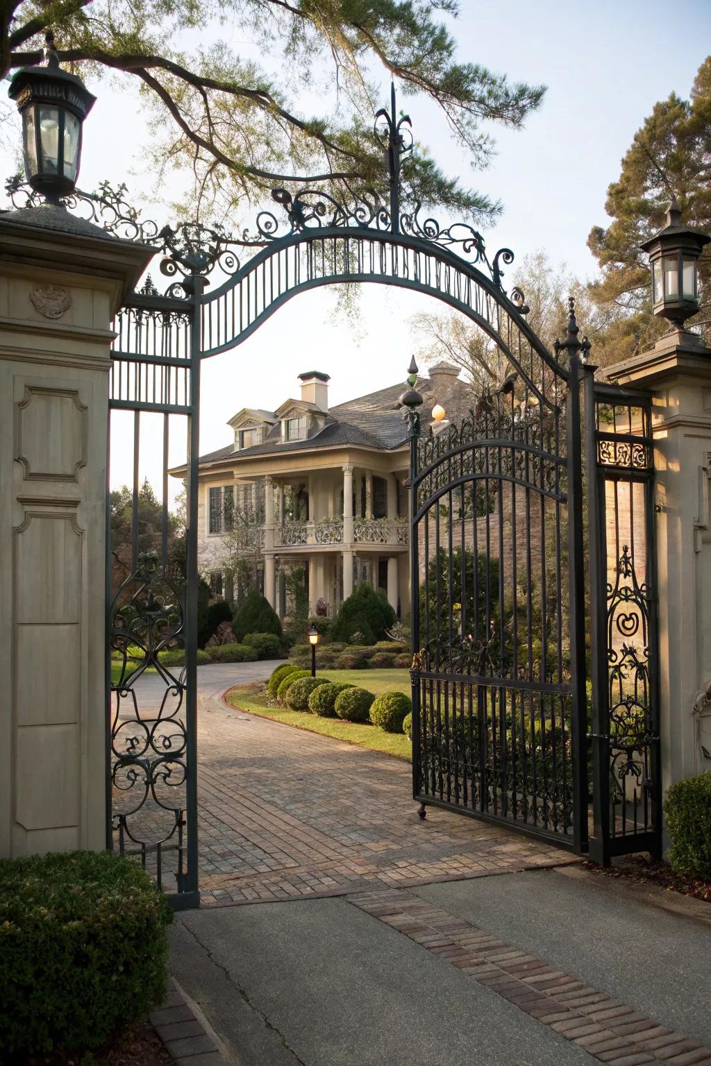 A classic iron driveway gate, infusing your home's entrance with an air of refinement.
