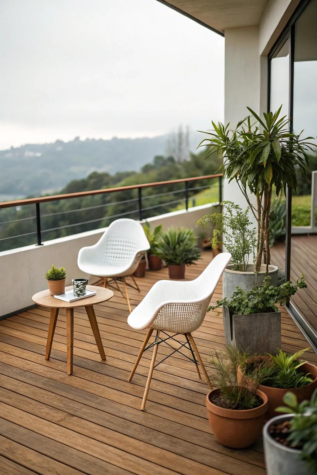 Wooden platforms provide a warm and inviting outdoor space.