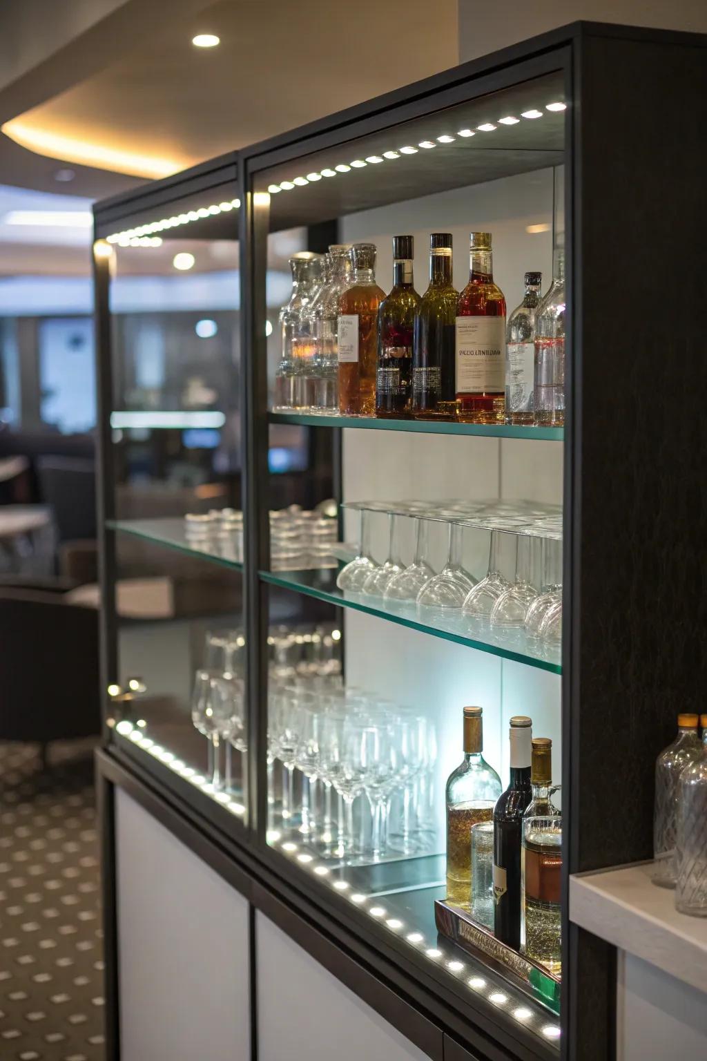 Under-shelf LED lights impart a modern twist to the mini bar.