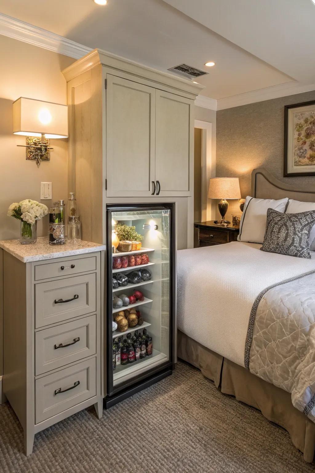 A small refrigerator easily incorporated within a storage cupboard in a bedroom.