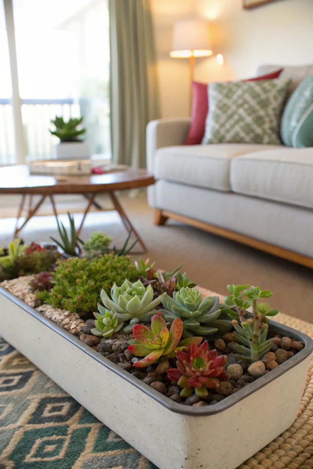 A stunning presentation of varied fleshy plants within a fashionable container.