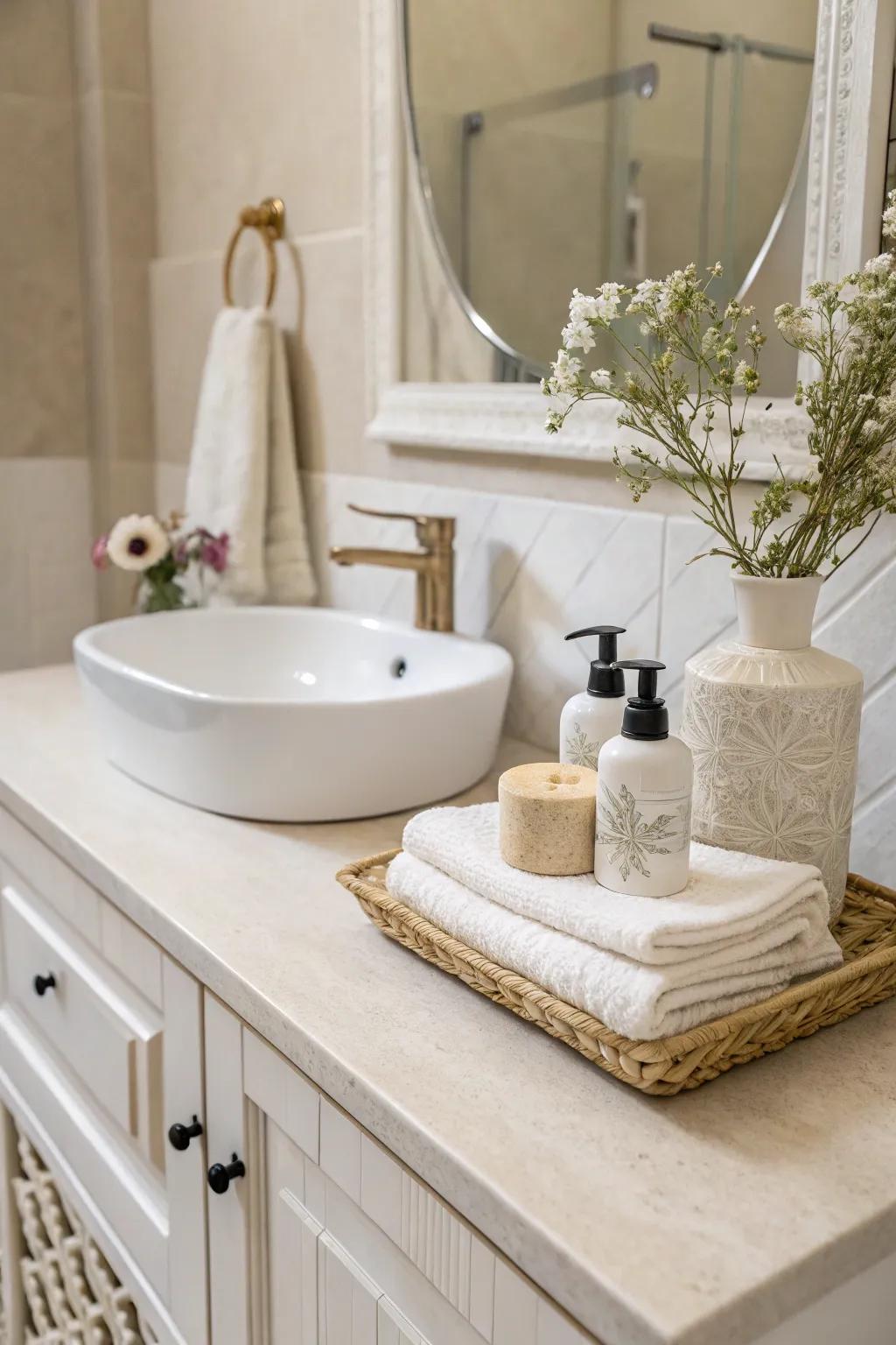 Gentle tones result in a soothing and harmonious bathroom ambiance.