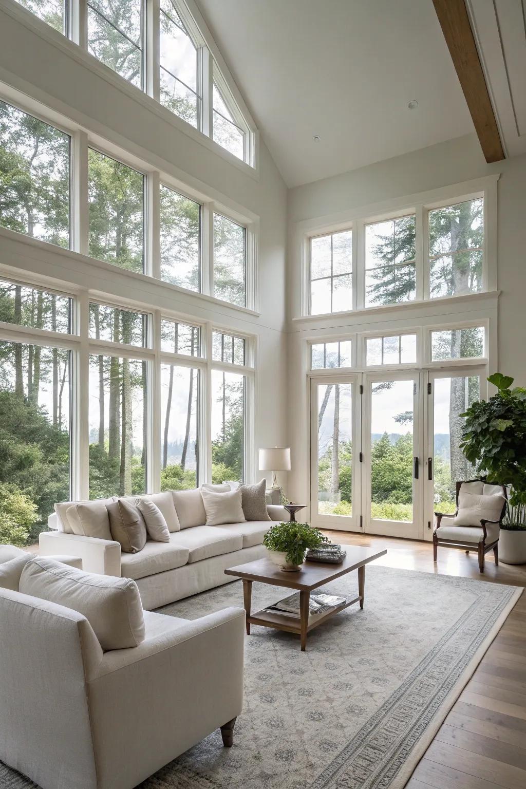 Natural light floods this minimalist living room, creating a warm and inviting atmosphere.