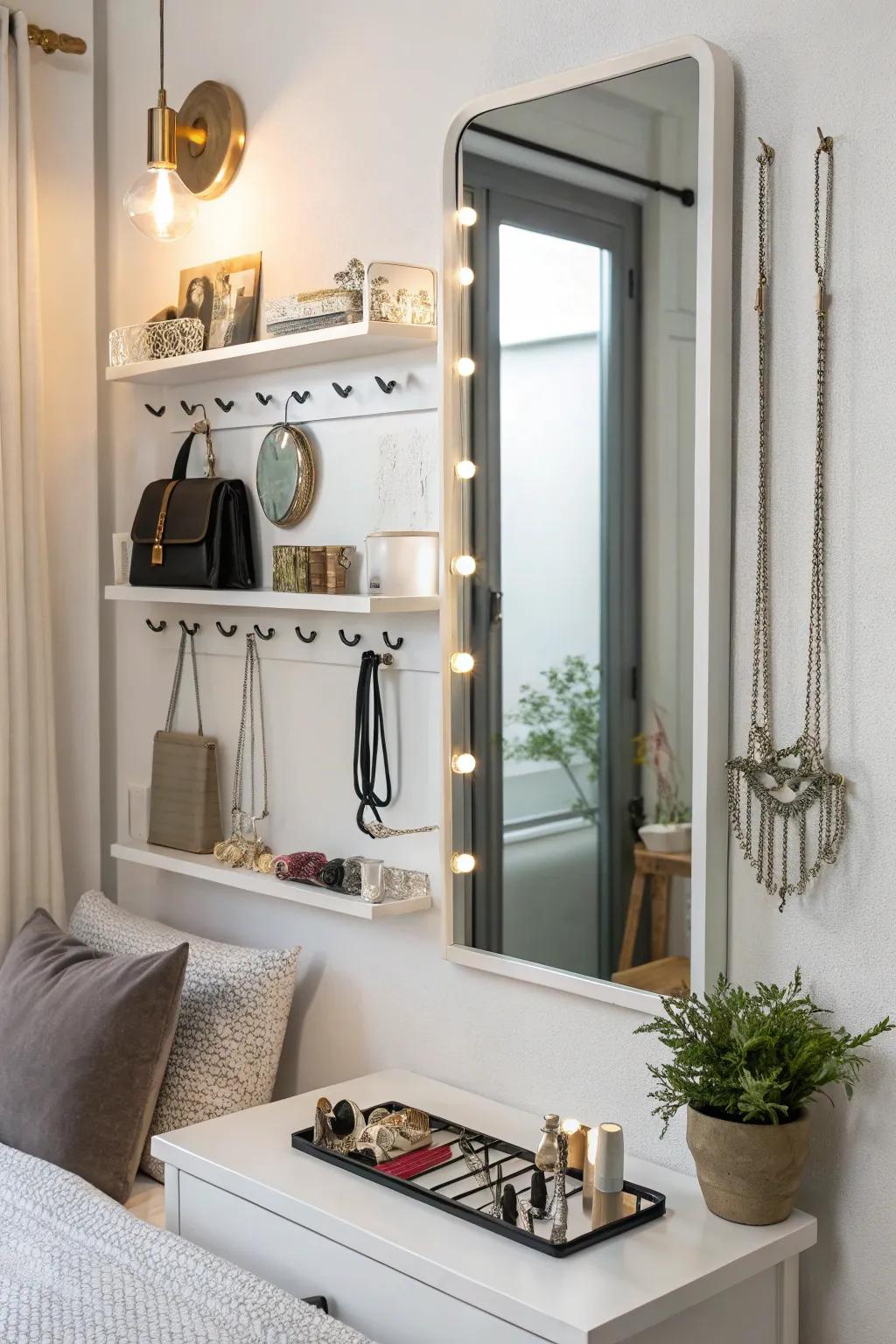 Mirrors offering built-in storage provide both flair and practicality.