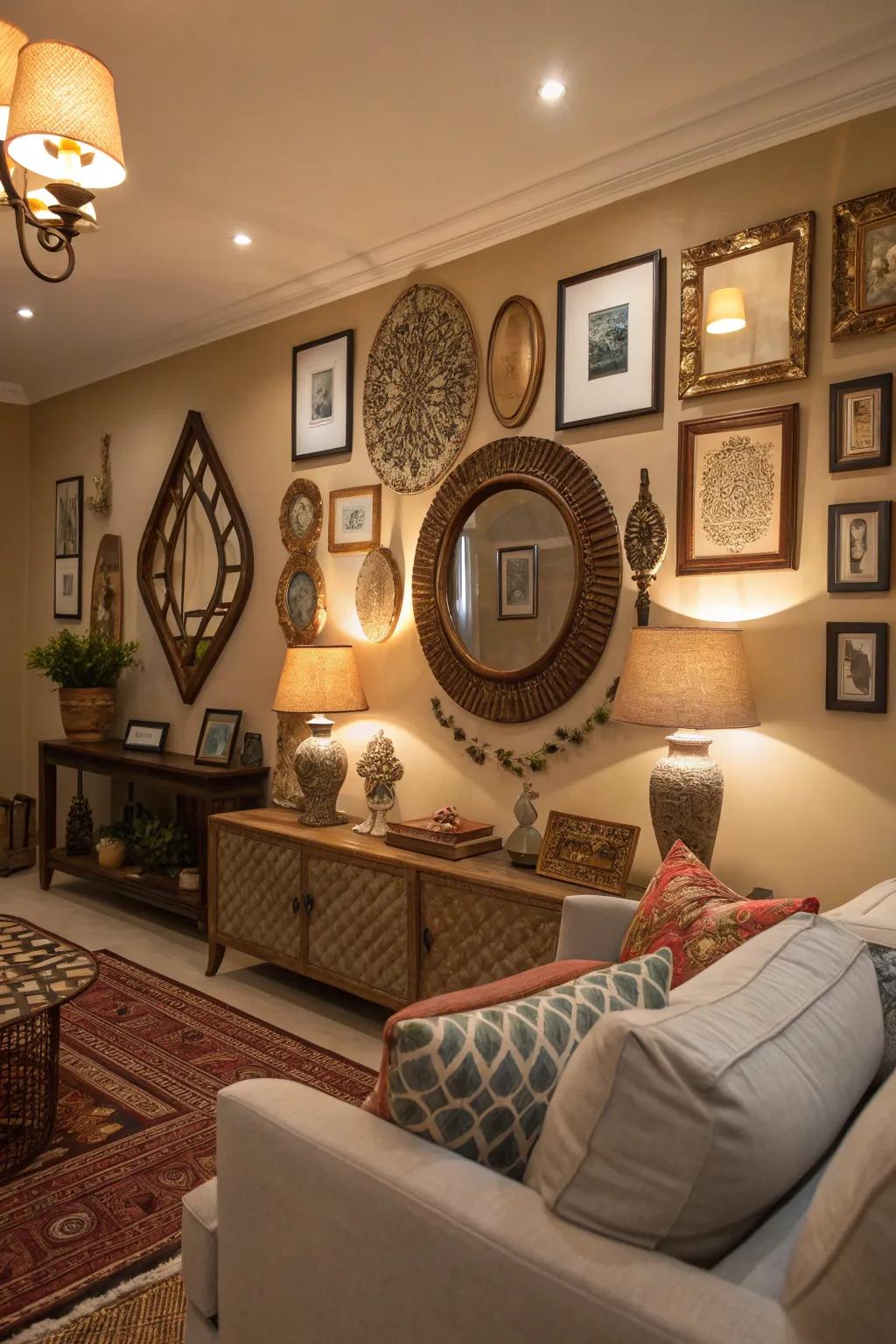 An eclectic gallery wall of mirrors infuses personality into the living room.