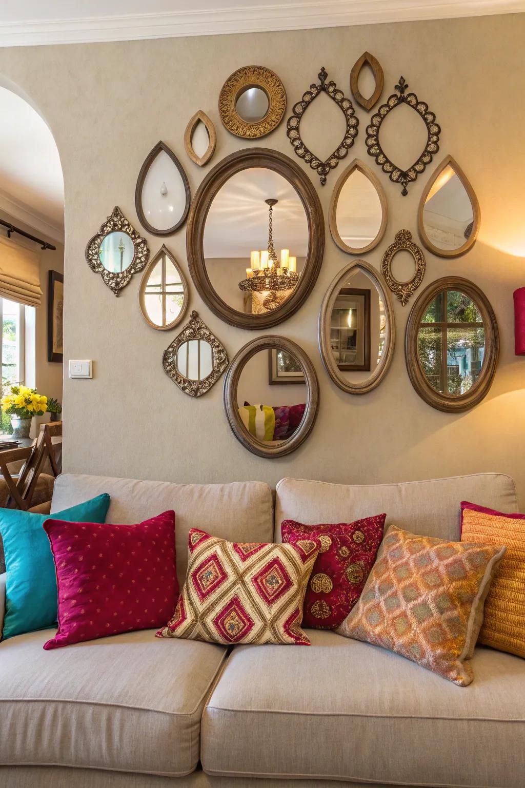 Assembled reflectors evoke an eclectic atmosphere.