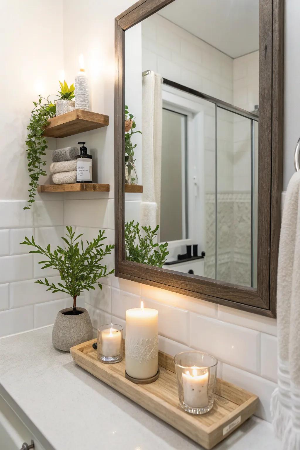 An understated mirror with an unnoticeable shelf, ideal for low-key decor.