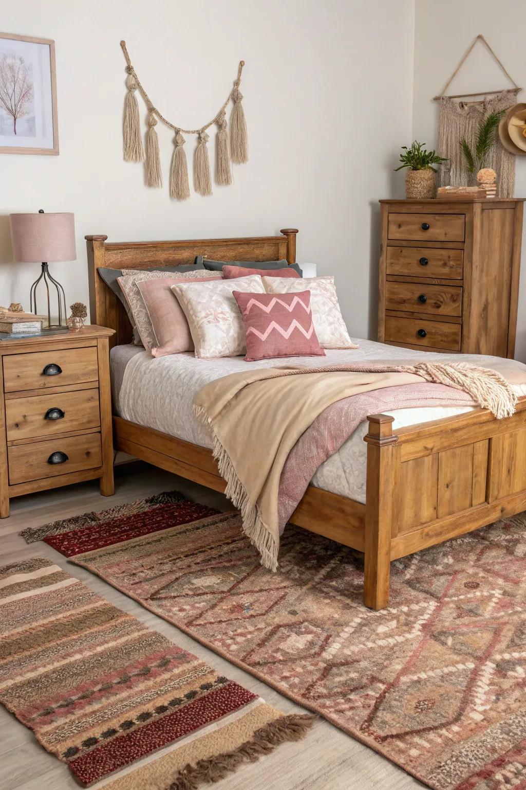 Textiles contribute warmth and diminish the robust effect of wooden details.