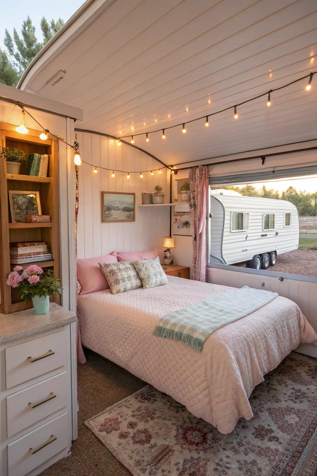 A tastefully adorned additional sleeping area added to a mobile home, providing extra living space.