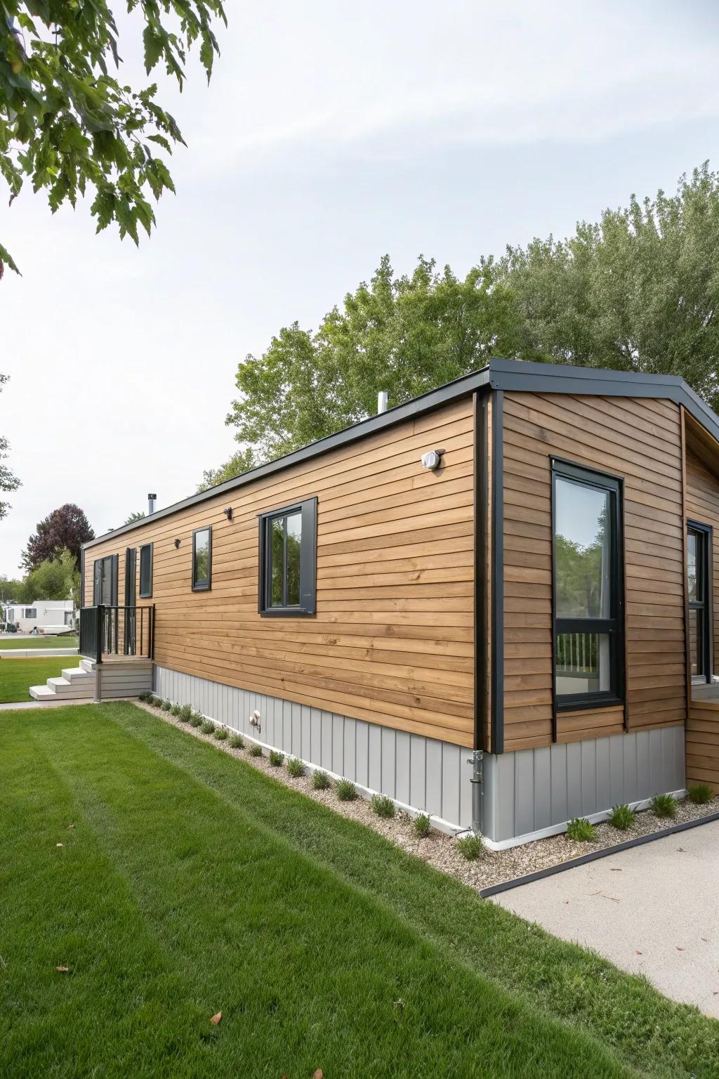 A mobile home revitalized with modern simulated timber cladding.