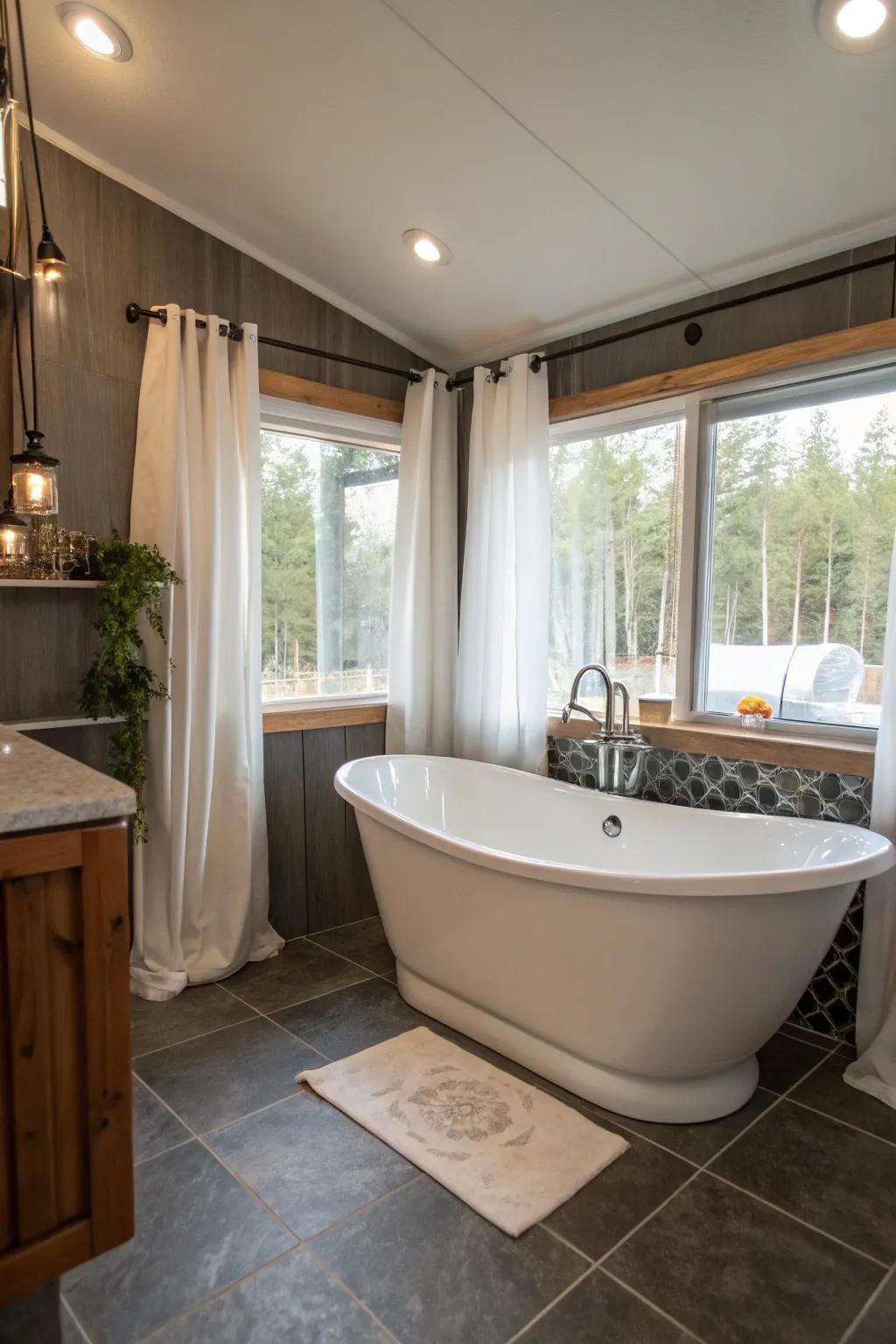 A freestanding tub acts as a luxurious focal point in this mobile home bathroom.