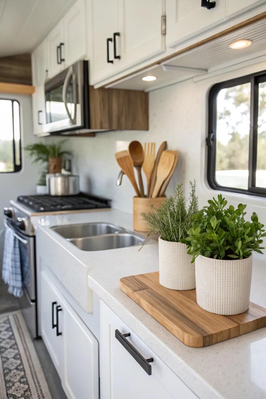Chic quartz countertops enhance this mobile cooking area.