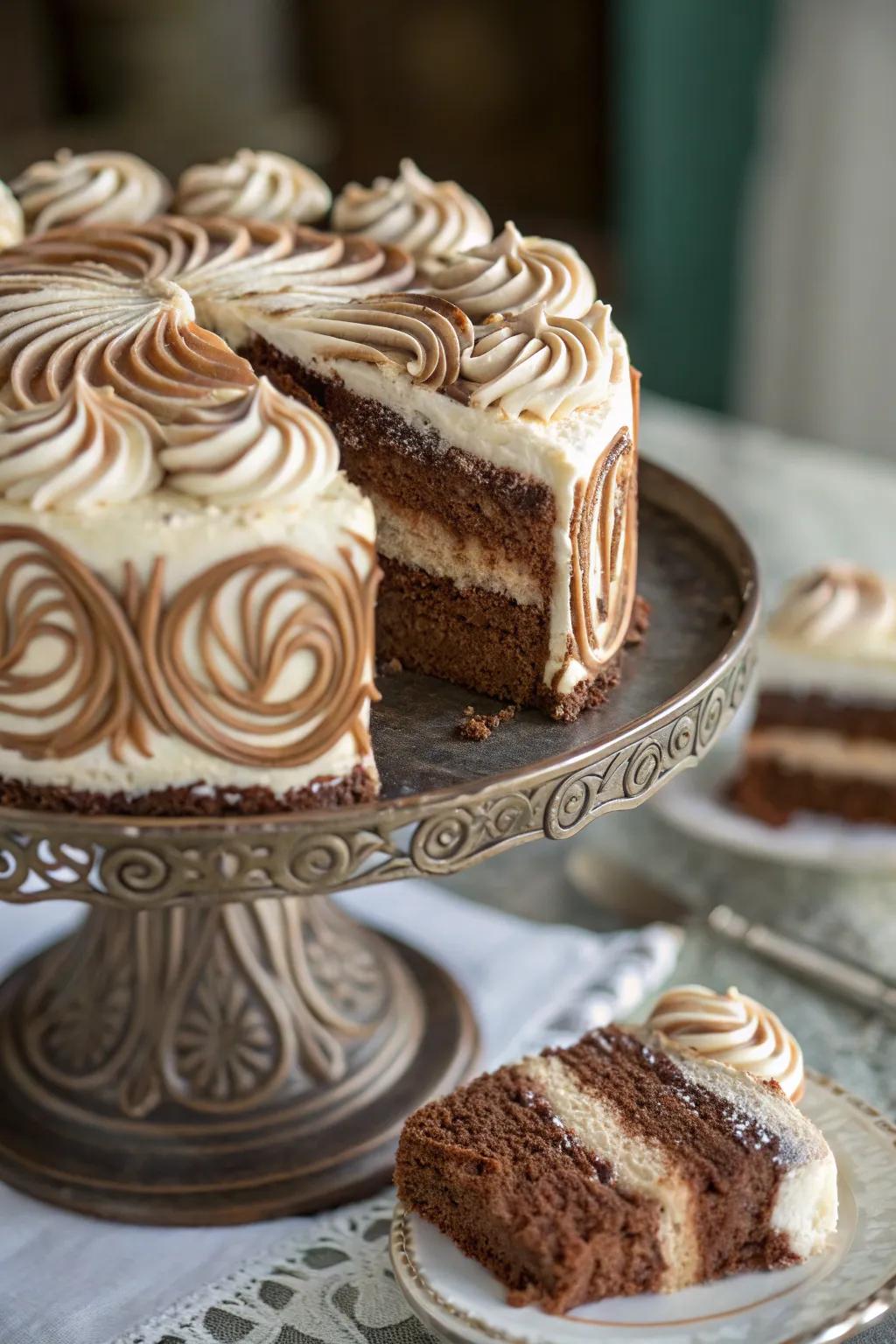 Whirled buttercream artistry enhances the visual appeal of a mocha cake.