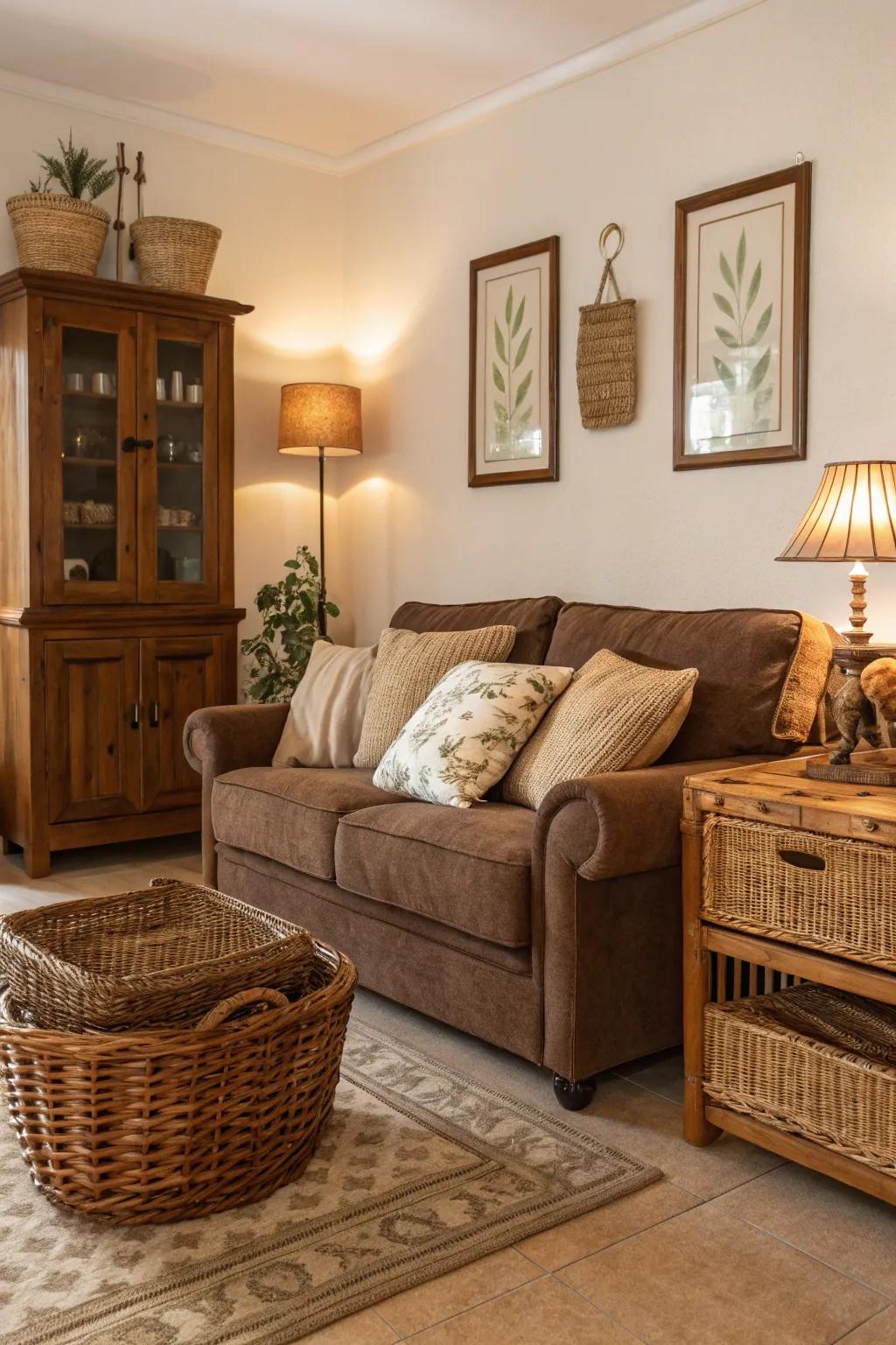 Organic materials such as lumber and woven elements enhance the texture of the chocolate-brown sofa arrangement.