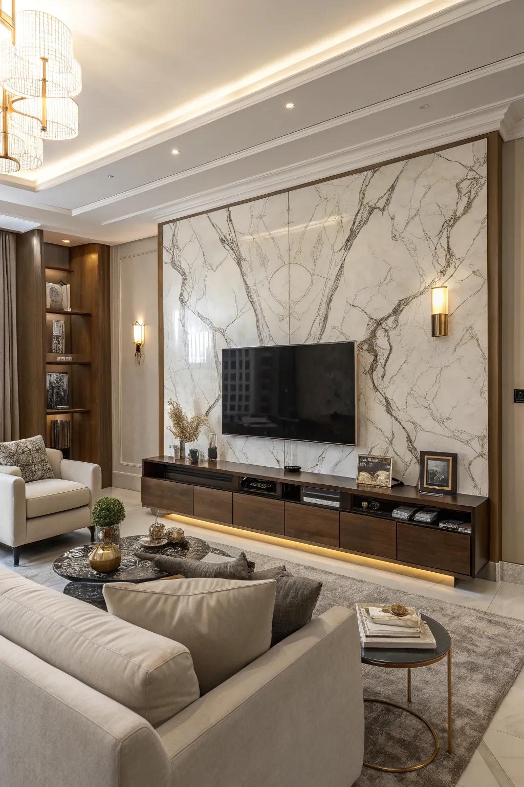 Stone finish brings an opulent feel to the TV wall.
