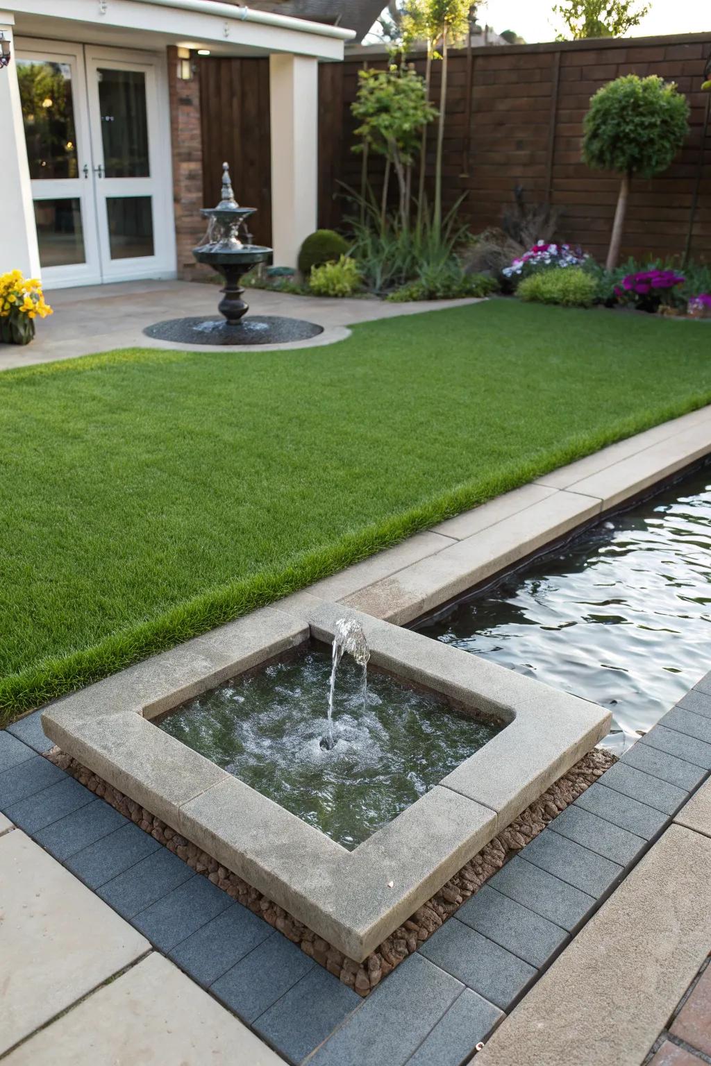 A peaceful front yard with artificial grass and a relaxing water feature.