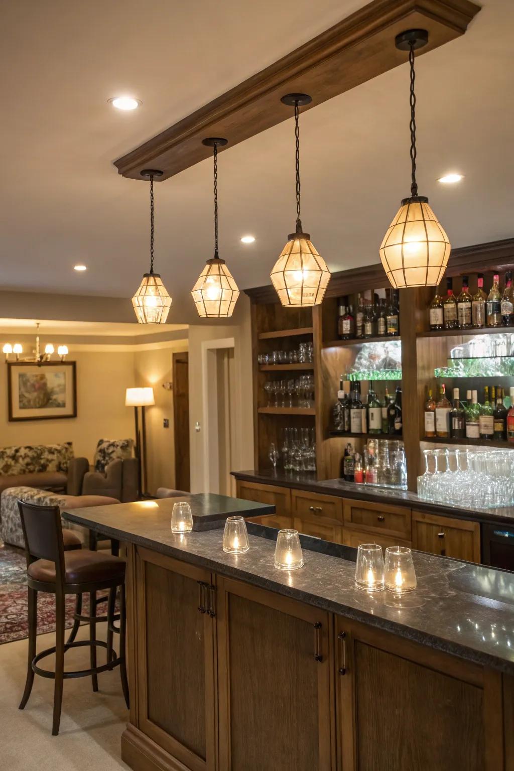 Strategic lighting enhances the atmosphere of this modern bar.