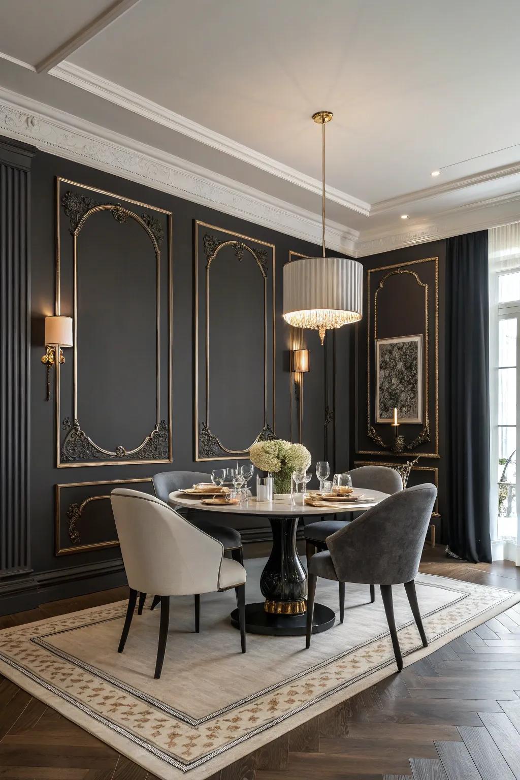 Dining space showcasing towering baseboards, exuding a refined allure.