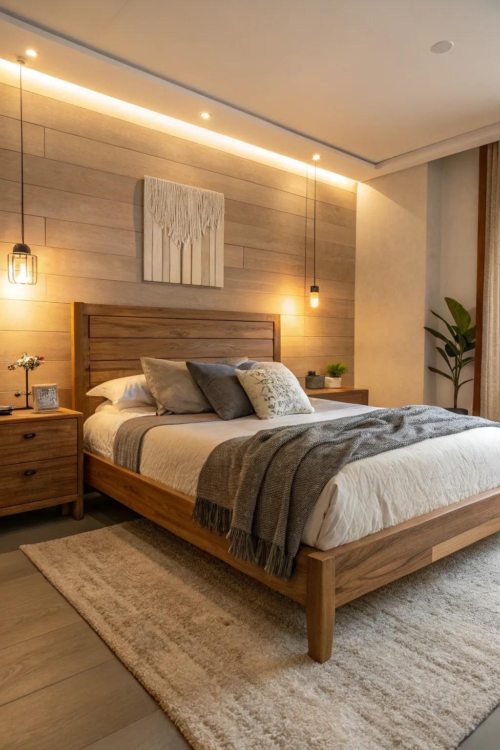 Wooden elements contribute warmth and natural beauty to your bedroom.