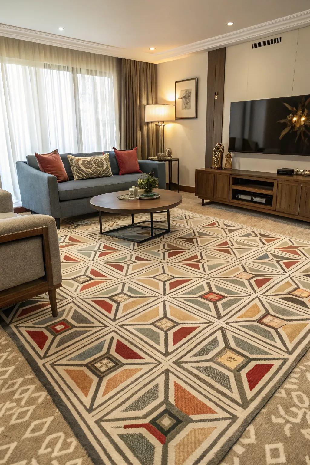 Modern living area featuring a patterned ground rug, adding visual interest