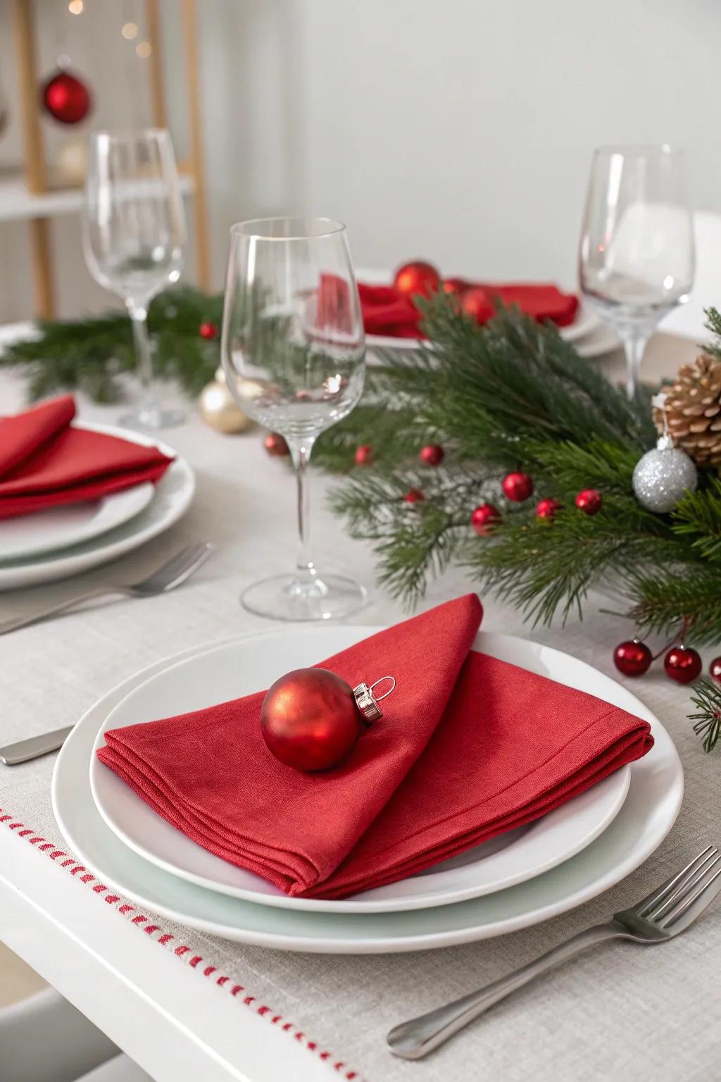A contemporary Christmas table arrangement with understated crimson accents.
