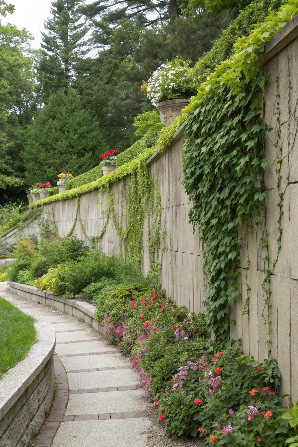 A concrete wall adorned with climbing vines and verdant plants.