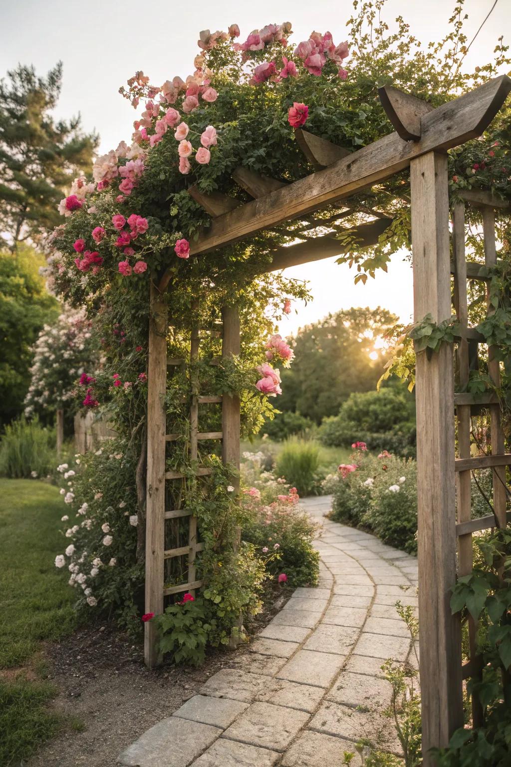Trellises provide vertical interest and a foundation for vibrant blossoms.