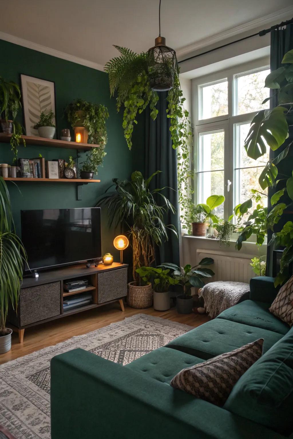 Houseplants enhance the natural feel of a deep green living room.