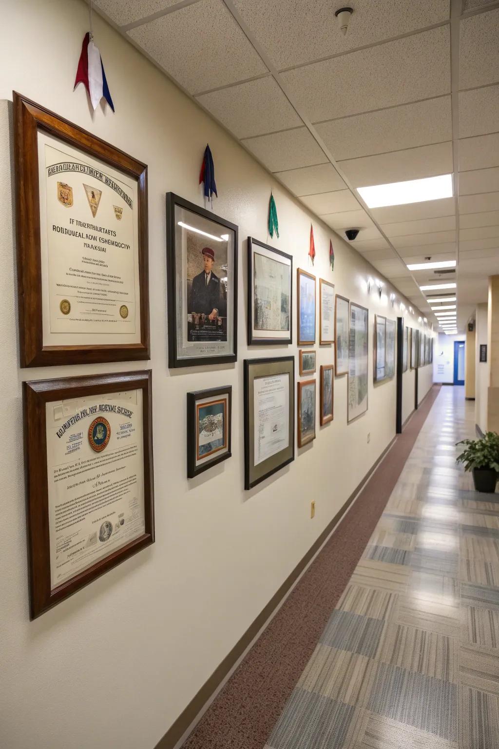 Present your accomplishments with a gallery wall that narrates your individual journey.