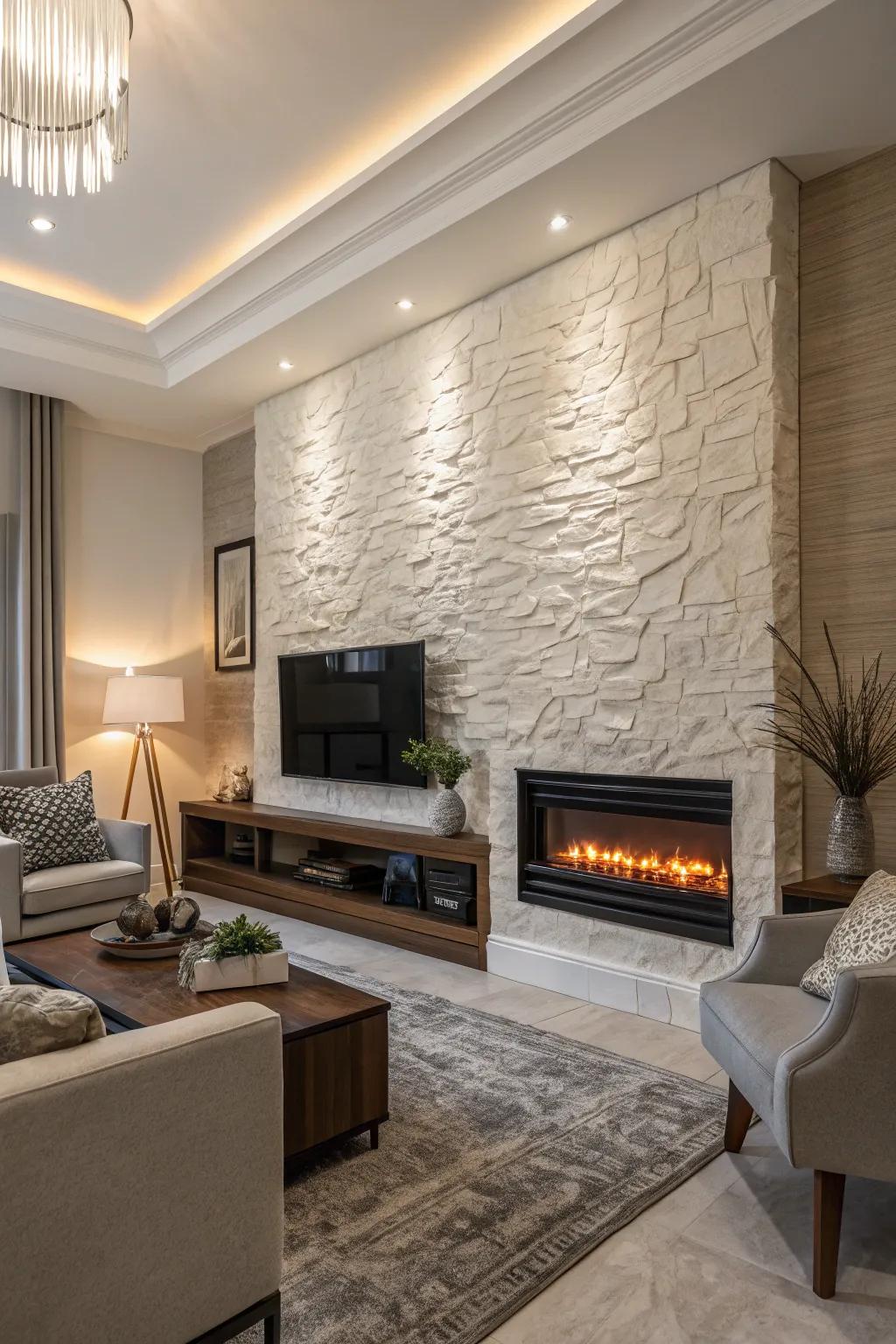 A wall featuring texture complemented by a modern electric fireplace.