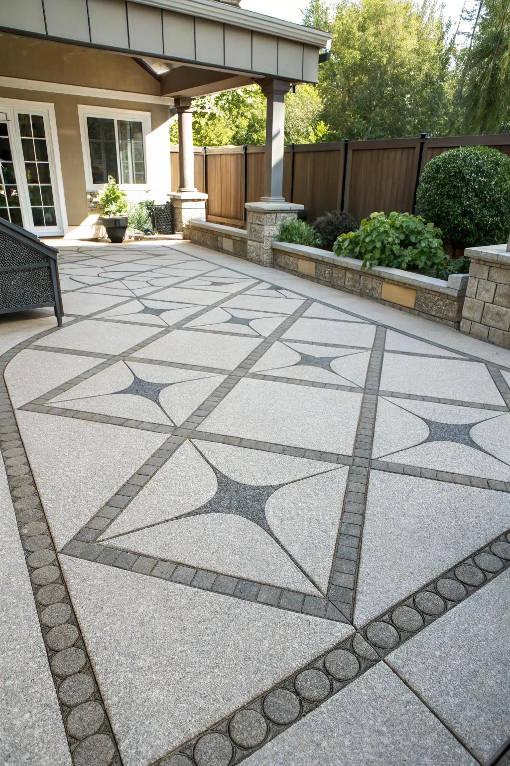 A patio showcasing a striking geometric design in the pebble work.